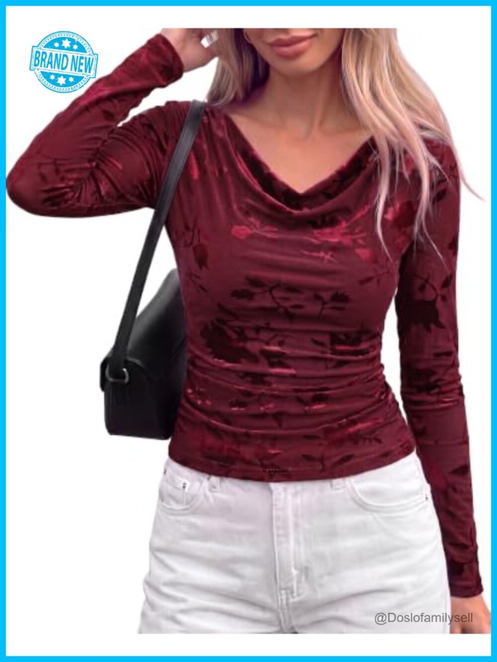 Women's Floral Mesh Velvet Boho Top Cowl Neck Long Sleeve Blouse